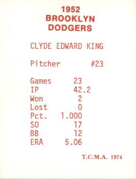1974 TCMA 1952 Brooklyn Dodgers - Blue/White Red Names / Red Backs #NNO Clyde King Back