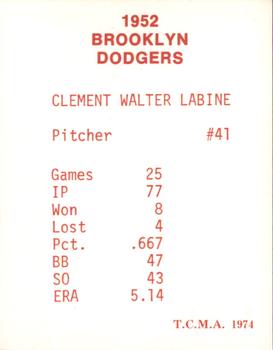 1974 TCMA 1952 Brooklyn Dodgers - Blue/White Red Names / Red Backs #NNO Clem Labine Back
