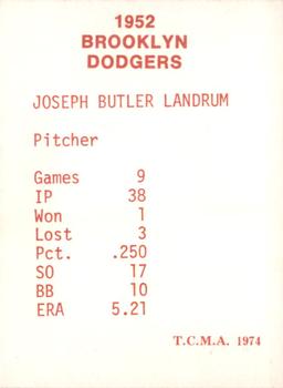 1974 TCMA 1952 Brooklyn Dodgers - Blue/White Red Names / Red Backs #NNO Joe Landrum Back