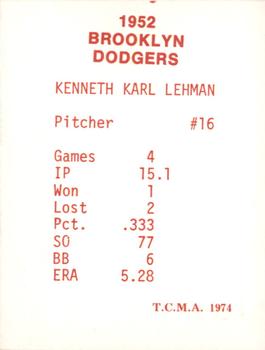 1974 TCMA 1952 Brooklyn Dodgers - Blue/White Red Names / Red Backs #NNO Ken Lehman Back