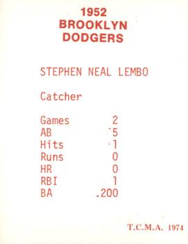 1974 TCMA 1952 Brooklyn Dodgers - Blue/White Red Names / Red Backs #NNO Steve Lembo Back