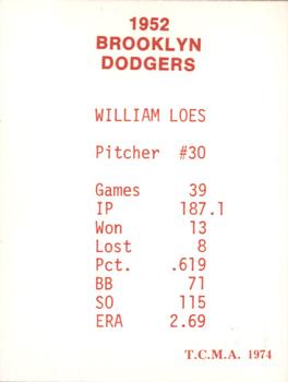 1974 TCMA 1952 Brooklyn Dodgers - Blue/White Red Names / Red Backs #NNO Billy Loes Back