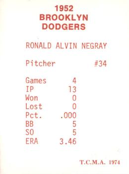 1974 TCMA 1952 Brooklyn Dodgers - Blue/White Red Names / Red Backs #NNO Ron Negray Back