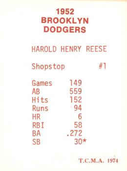 1974 TCMA 1952 Brooklyn Dodgers - Blue/White Red Names / Red Backs #NNO Pee Wee Reese Back