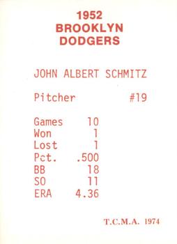 1974 TCMA 1952 Brooklyn Dodgers - Blue/White Red Names / Red Backs #NNO Johnny Schmitz Back