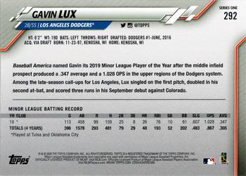 2020 Topps #292 Gavin Lux Back