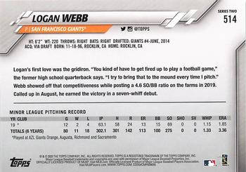 2020 Topps #514 Logan Webb Back