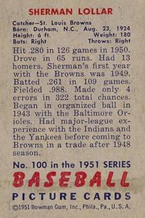 1951 Bowman #100 Sherm Lollar Back