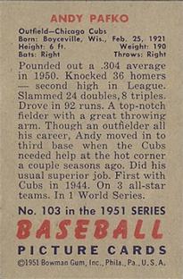 1951 Bowman #103 Andy Pafko Back