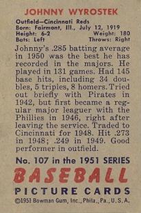 1951 Bowman #107 Johnny Wyrostek Back