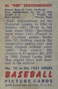 1951 Bowman #10 Red Schoendienst Back