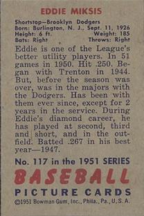1951 Bowman #117 Eddie Miksis Back