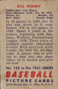 1951 Bowman #125 Bill Rigney Back