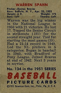 1951 Bowman #134 Warren Spahn Back