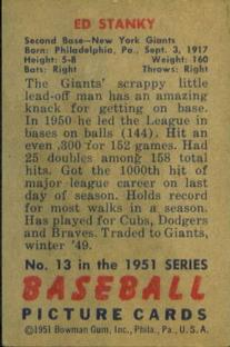 1951 Bowman #13 Eddie Stanky Back