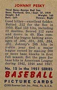 1951 Bowman #15 Johnny Pesky Back