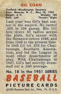 1951 Bowman #18 Gil Coan Back