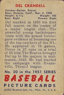 1951 Bowman #20 Del Crandall Back