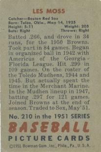 1951 Bowman #210 Les Moss Back