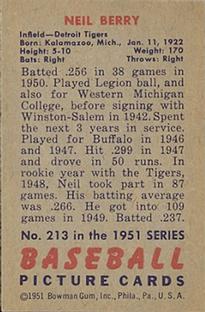 1951 Bowman #213 Neil Berry Back