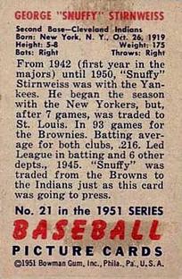 1951 Bowman #21 George Stirnweiss Back