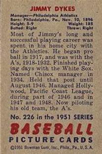 1951 Bowman #226 Jimmy Dykes Back