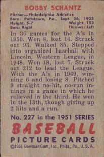1951 Bowman #227 Bobby Shantz Back