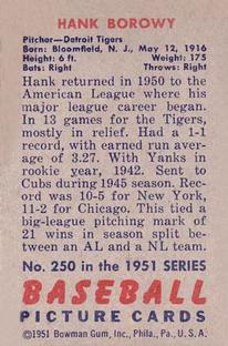 1951 Bowman #250 Hank Borowy Back