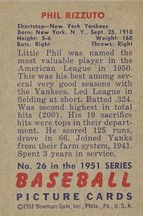 1951 Bowman #26 Phil Rizzuto Back