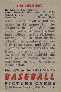 1951 Bowman #279 Jim Delsing Back