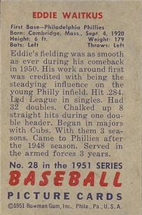1951 Bowman #28 Eddie Waitkus Back