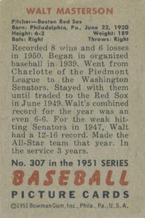 1951 Bowman #307 Walt Masterson Back