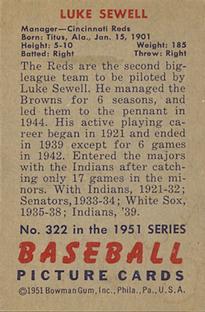 1951 Bowman #322 Luke Sewell Back