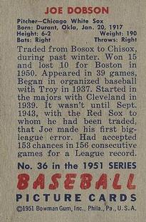 1951 Bowman #36 Joe Dobson Back