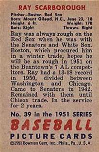 1951 Bowman #39 Ray Scarborough Back