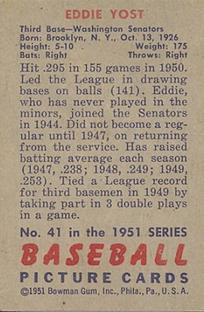 1951 Bowman #41 Eddie Yost Back