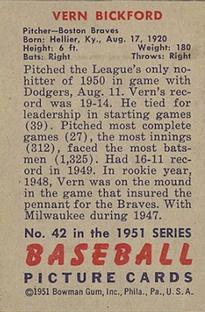 1951 Bowman #42 Vern Bickford Back