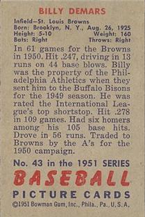 1951 Bowman #43 Billy DeMars Back