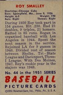 1951 Bowman #44 Roy Smalley Back