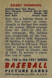 1951 Bowman #126 Bobby Thomson Back