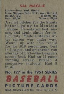 1951 Bowman #127 Sal Maglie Back