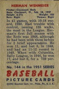 1951 Bowman #144 Herman Wehmeier Back
