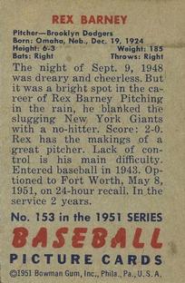 1951 Bowman #153 Rex Barney Back
