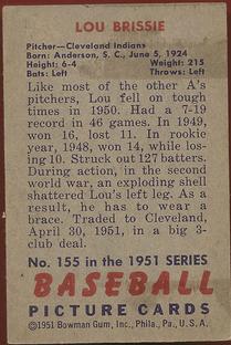 1951 Bowman #155 Lou Brissie Back