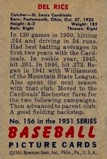1951 Bowman #156 Del Rice Back
