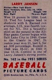1951 Bowman #162 Larry Jansen Back