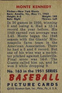 1951 Bowman #163 Monte Kennedy Back