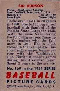 1951 Bowman #169 Sid Hudson Back
