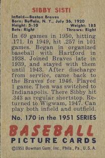 1951 Bowman #170 Sibby Sisti Back