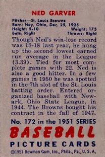 1951 Bowman #172 Ned Garver Back